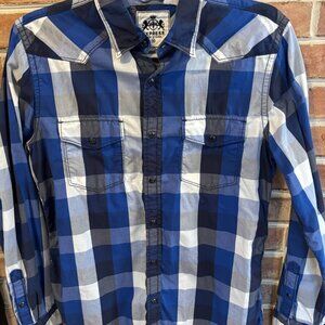 Mens Express LS Western Snap Plaid Shirt Blue & White Checkered Size M Vtg